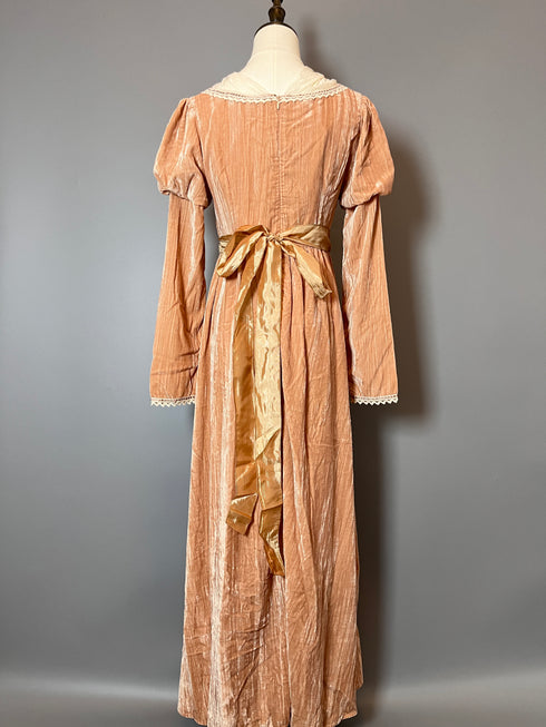Pink Regency Era Dress with Satin Belt - Long Sleeves Velvet Dress with Lace - Regency Dress Plus Size